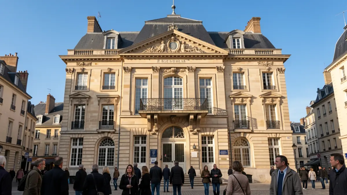 Generic image of a stone town hall facade in the Haussmannian style, featuring an ornate balcony and iron railings, under a clear blue sky and afternoon sun.