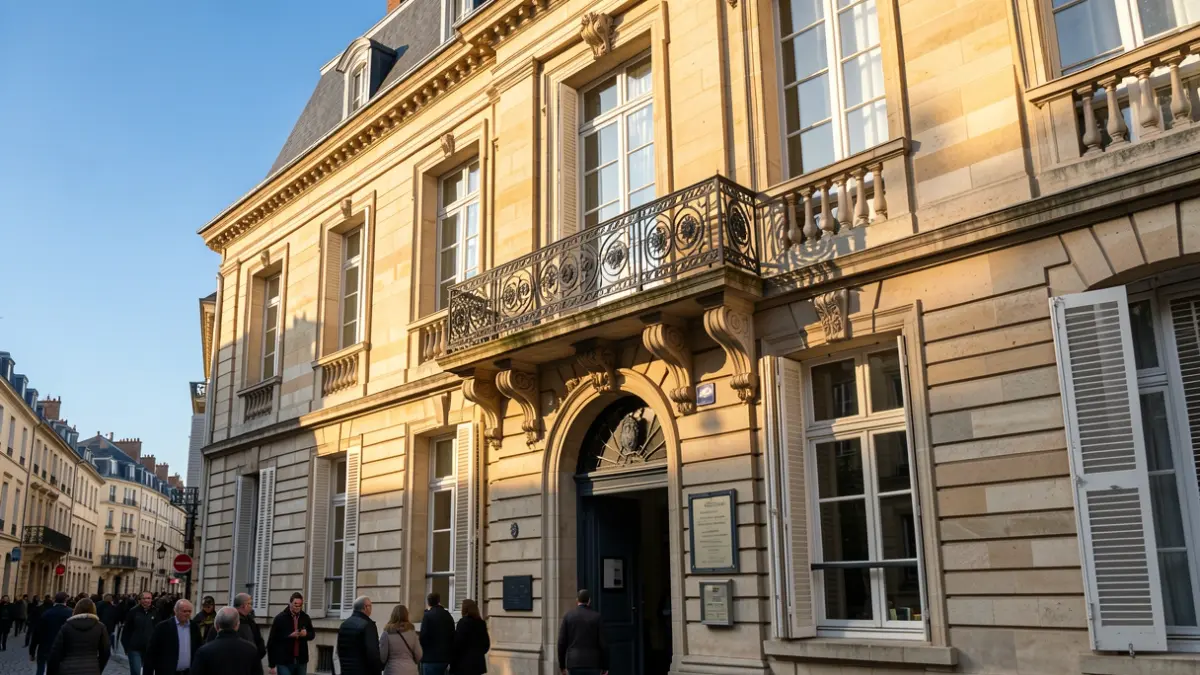 Stone facade of a French town hall in Île-de-France with an ornate balcony and iron railings, warm afternoon sunlight casting shadows on the sandstone walls, blue sky.