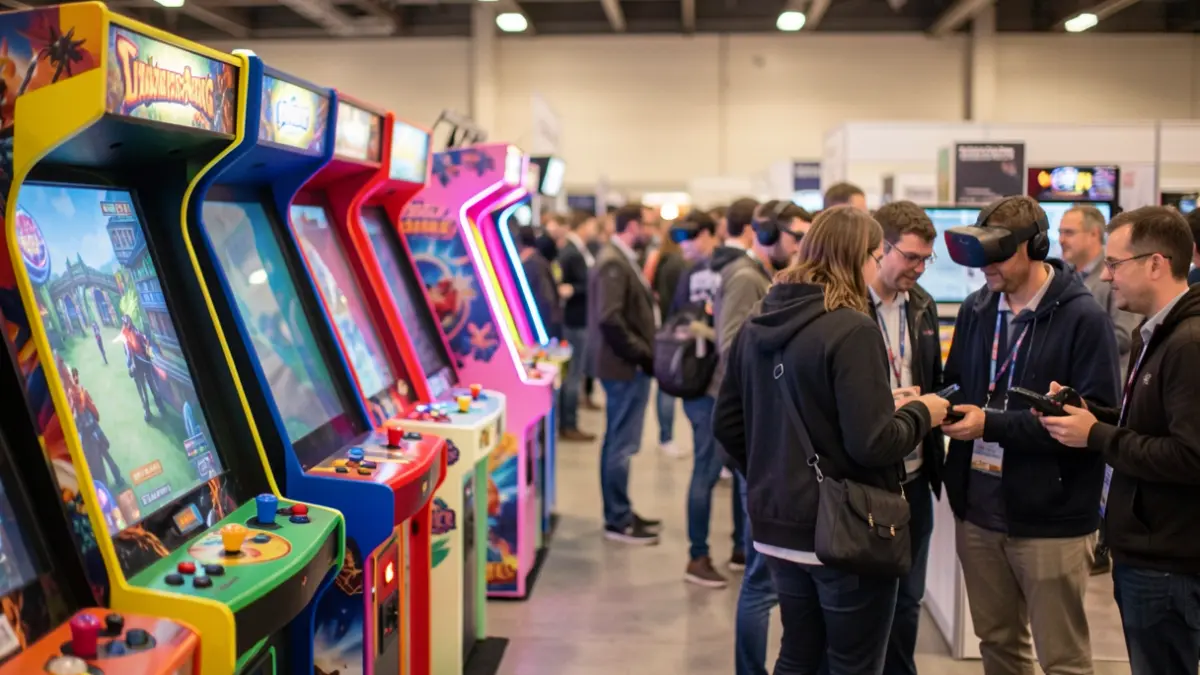 Image générique d'une convention de jeux vidéo à Pontoise, avec des bornes d'arcade et des participants en réalité virtuelle.