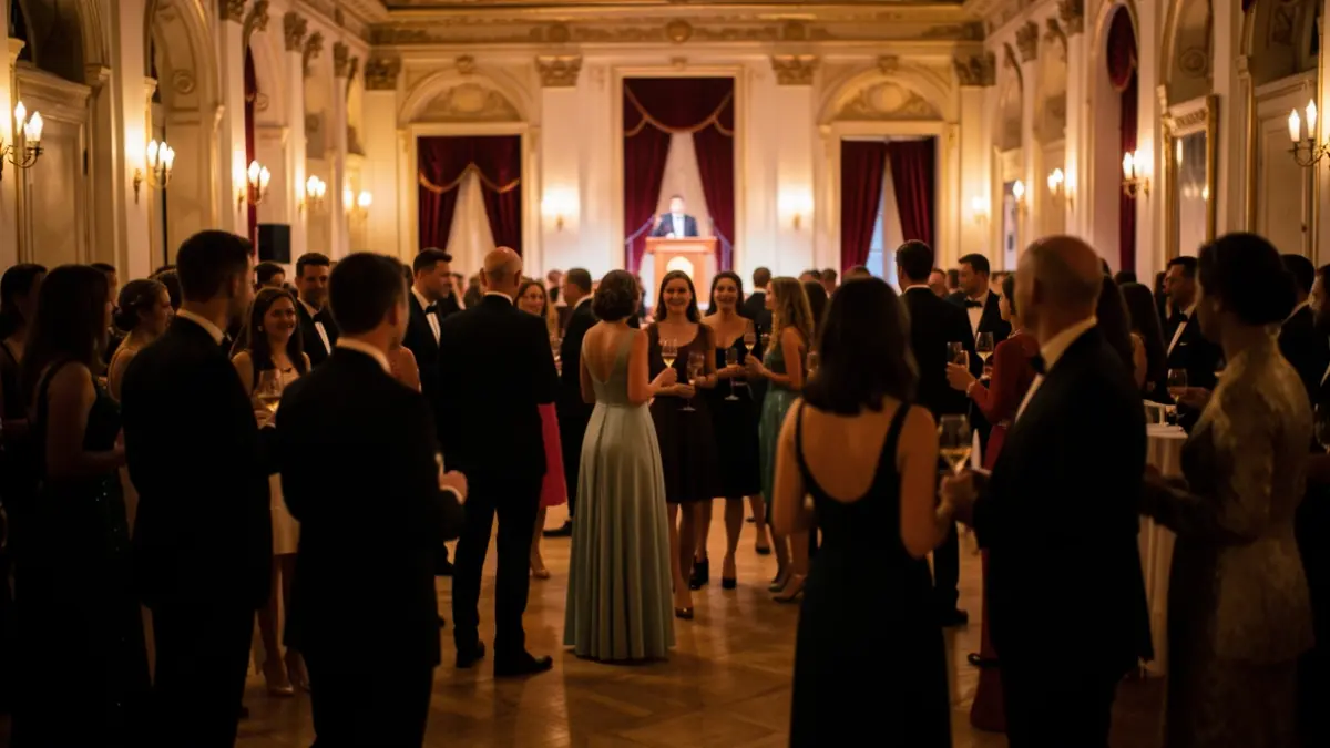 Image générique d'une cérémonie de remise de diplômes dans un lieu élégant en Île-de-France, avec des silhouettes floues de jeunes adultes et d'adultes en tenue de soirée, dans une ambiance chaleureuse.