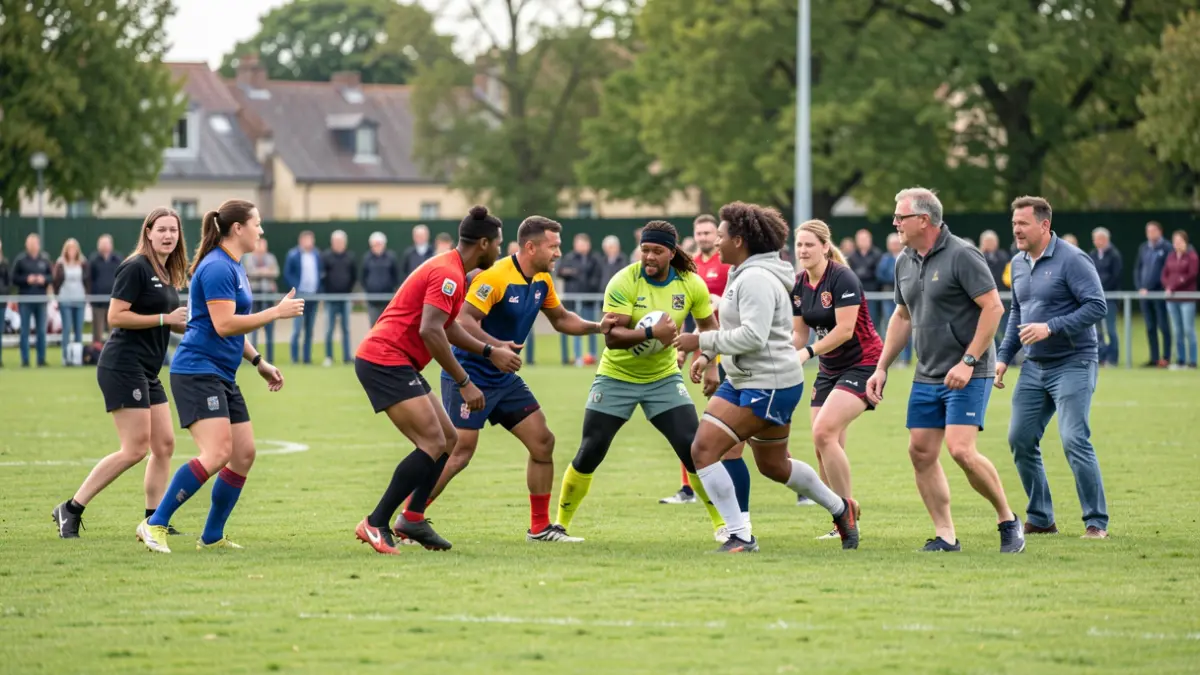 Generic image of people practicing adapted, non-contact rugby in a park in Île-de-France, emphasizing well-being and solidarity.