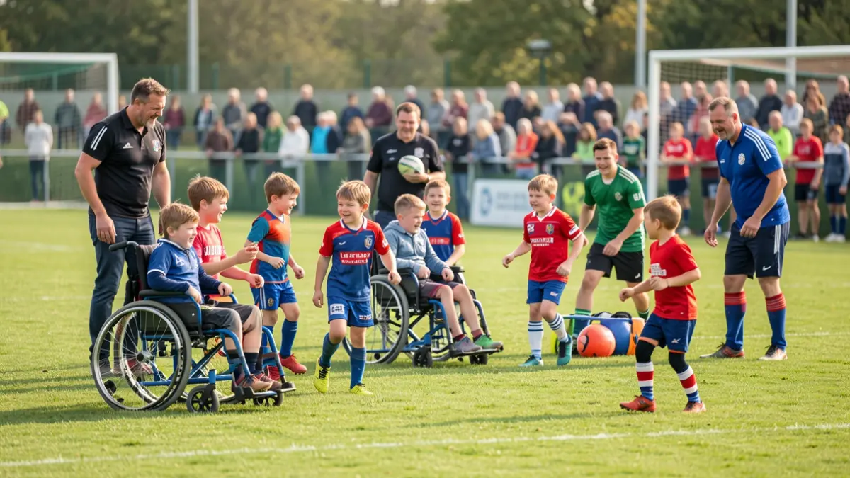 Enfants en situation de handicap participant à une séance de rugby adaptée.