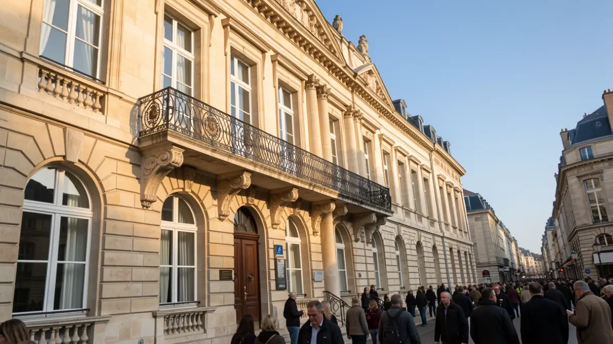 Image générique de la façade d'un hôtel de ville français, architecture en pierre avec balcon orné et balustrade en fer forgé, lumière douce de fin d'après-midi.