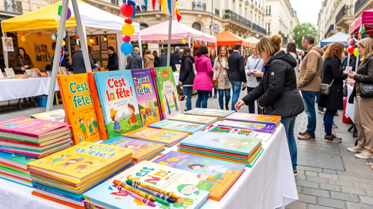 Image générique d'une fête du livre pour enfants avec des illustrations colorées et des fournitures d'art.