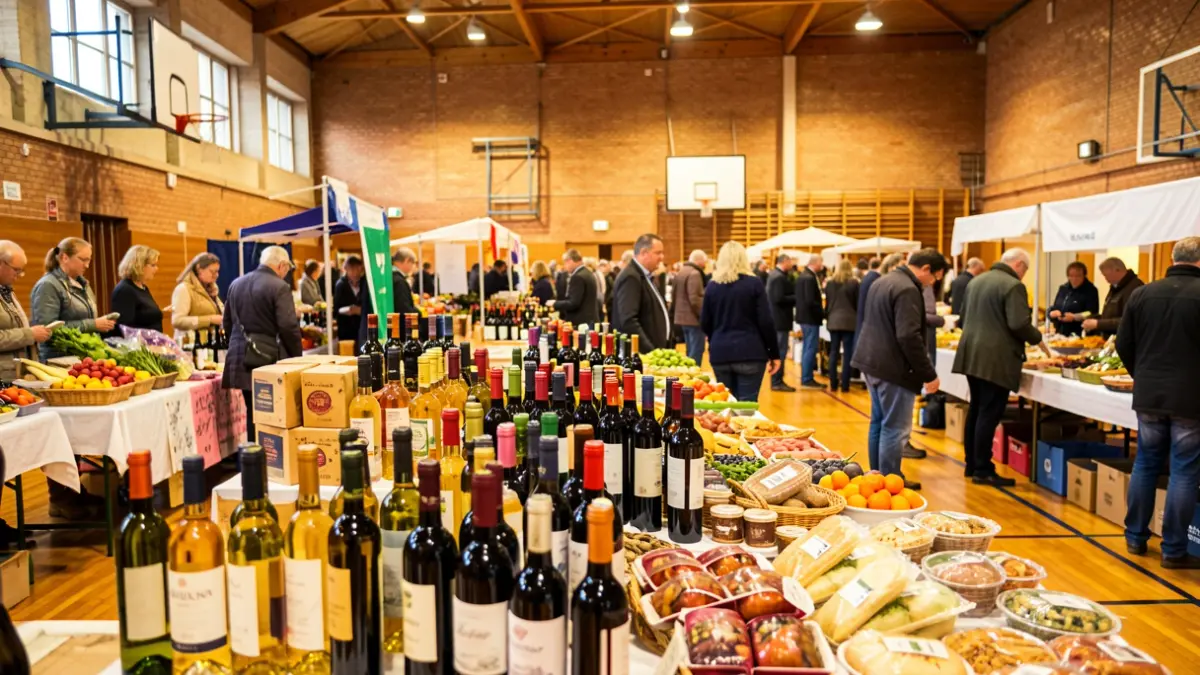 Image générique d'un salon de vins et produits du terroir dans un gymnase.