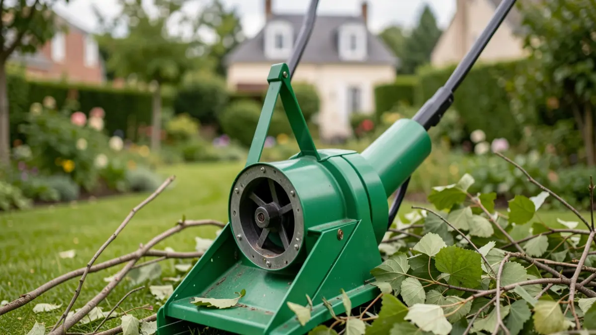Image générique d'un broyeur de végétaux dans un jardin.