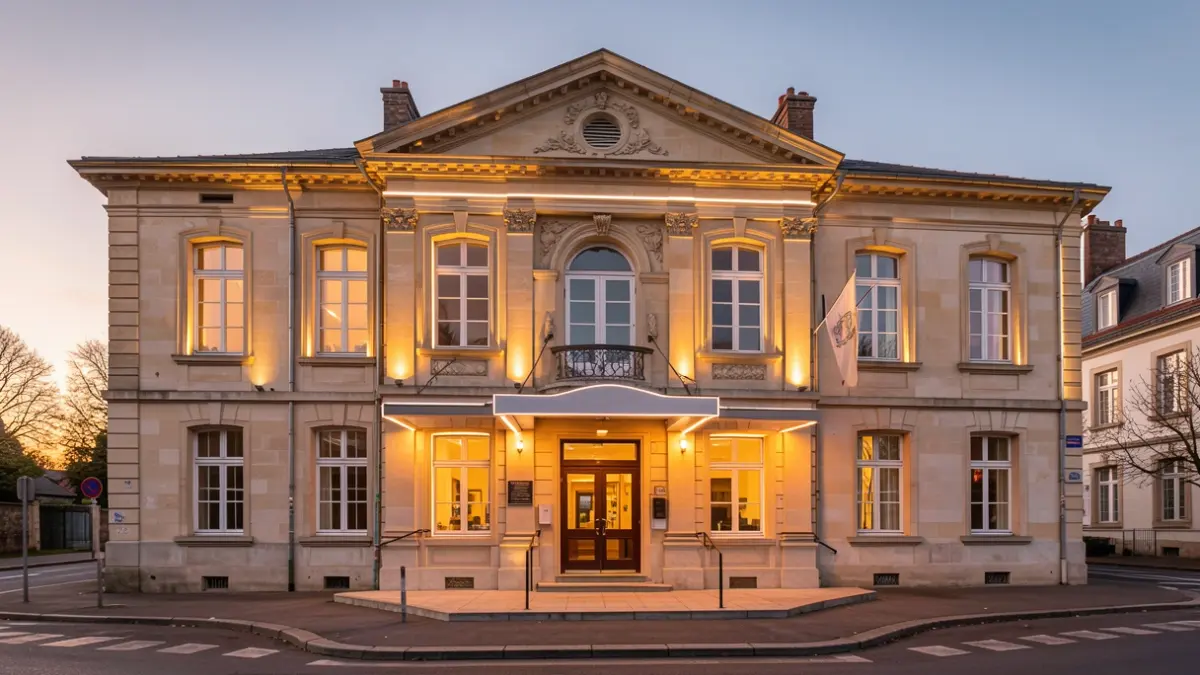 Generic image of a renovated theater facade with modern lighting, in an architectural photography style.