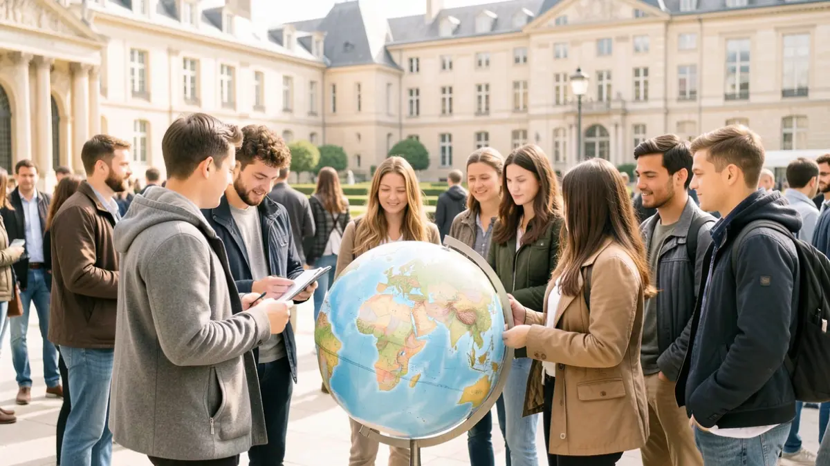 Image générique de jeunes adultes diversifiés regardant une carte du monde, avec des éléments architecturaux d'un campus universitaire français en arrière-plan.