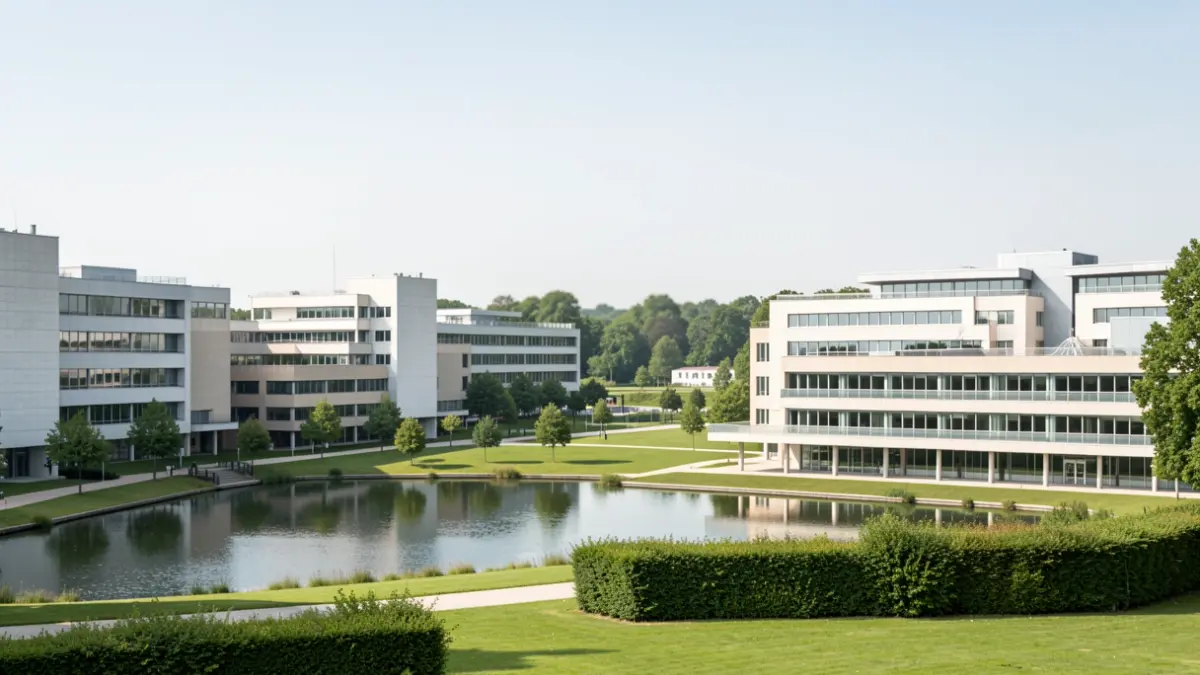 Exterior view of the École Polytechnique campus in Île-de-France, with modern scientific buildings and a glimpse of the lake.