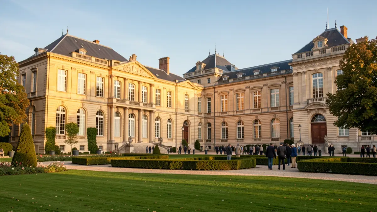 Image générique de la façade d'une école vétérinaire historique en Île-de-France, baignée par la lumière du soleil de l'après-midi.