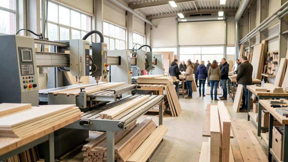 Woodworking workshop in Lizy-sur-Ourcq, Seine-et-Marne, featuring CNC machines and wood panels.
