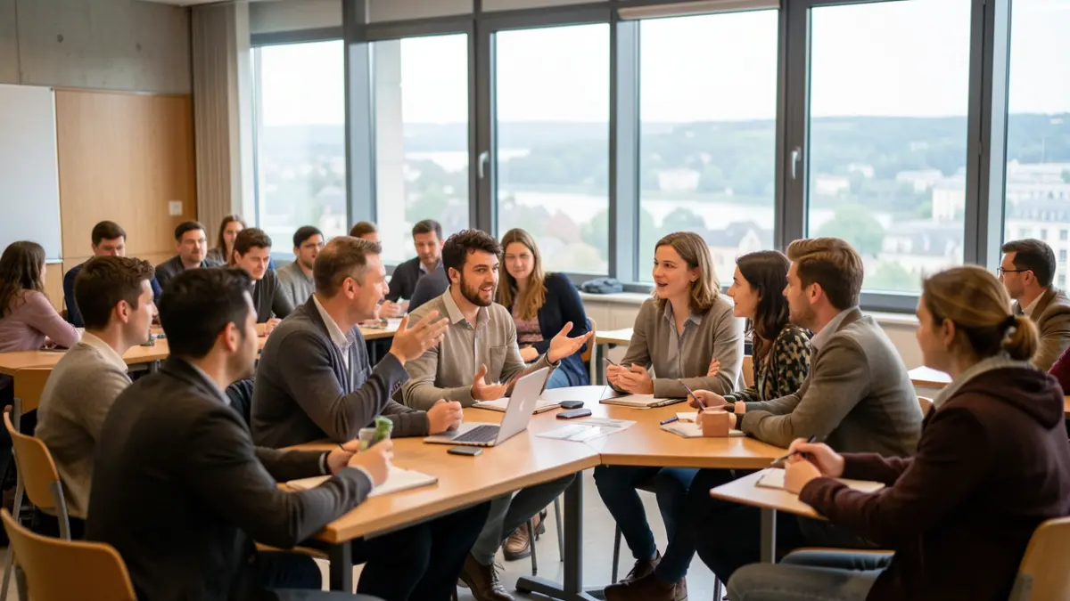 Image générique d'un débat étudiant dans un amphithéâtre universitaire.