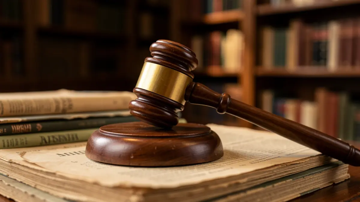Generic image of an auctioneer's gavel on old catalogs in a library setting.