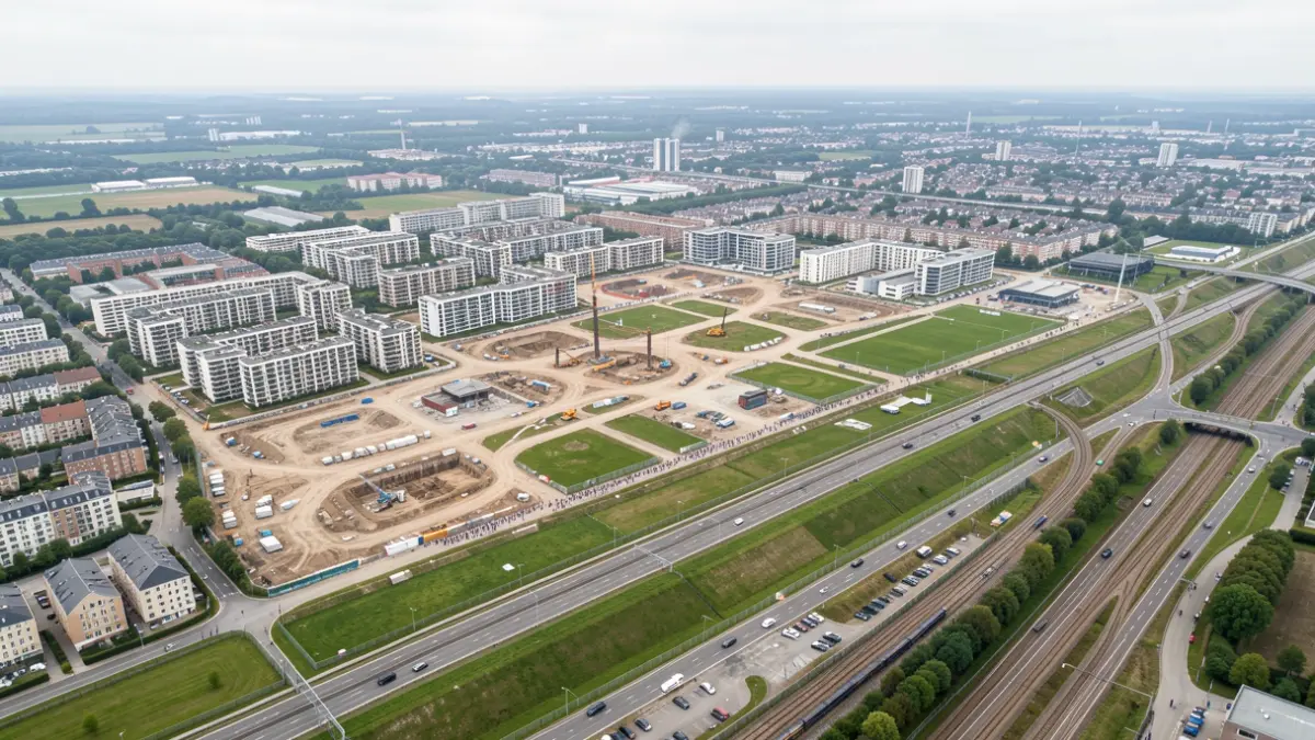 Aerial view of a large urban development project in Île-de-France, showing a mix of new residential buildings, construction sites, green spaces, and transport infrastructure.