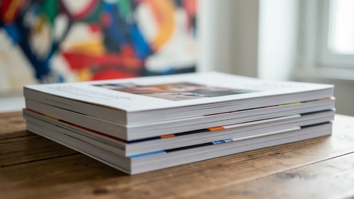 Image générique de livres d'art et catalogues d'exposition sur une table en bois.