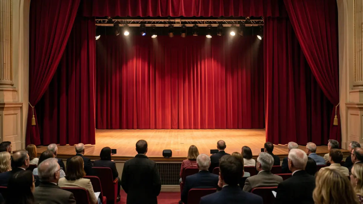 Generic image of an empty theater stage with red curtains and warm spotlights.