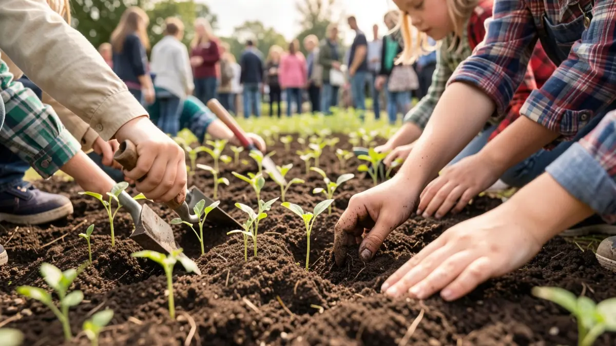 Image générique de mains d'enfants travaillant la terre dans un jardin.