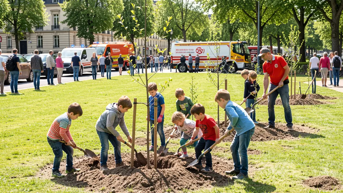 Image générique de jeunes enfants plantant des arbres dans un parc, entourés d'adultes et de matériel de jardinage, sous un ciel ensoleillé.