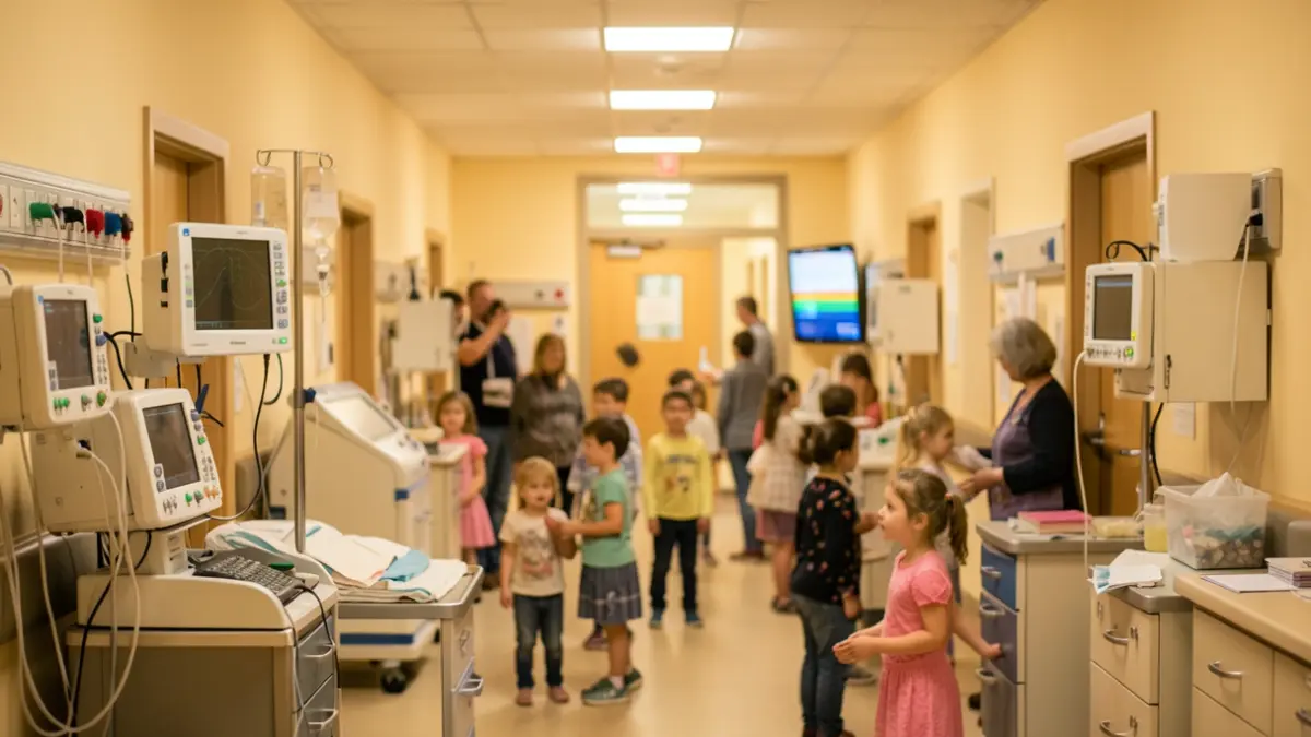 Image générique d'une salle d'urgence d'hôpital avec du matériel médical et des enfants en arrière-plan.