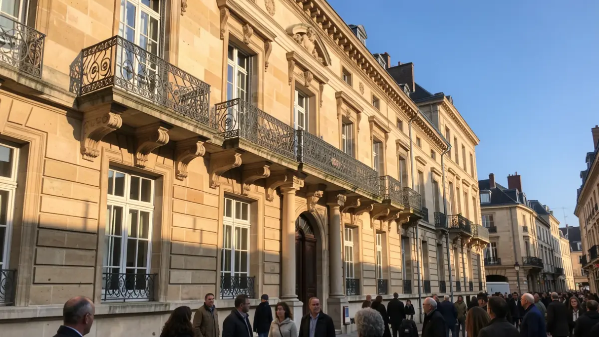 Façade en pierre de l'hôtel de ville d'Étampes avec balcon et balustrade en fer forgé.