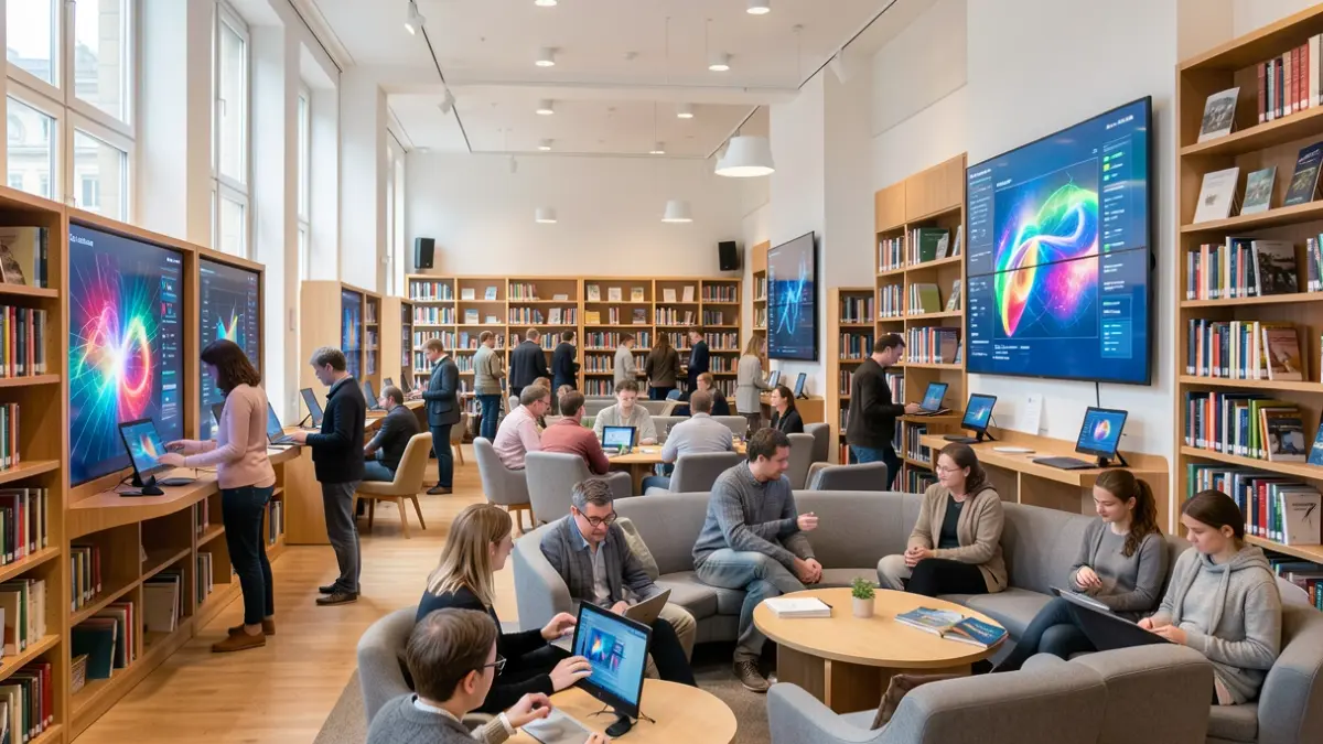 Image générique d'une médiathèque moderne avec des écrans interactifs et des personnes découvrant le numérique.