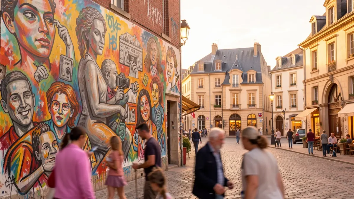 Generic image of a street art mural depicting various artistic styles, with blurred artists and visitors.