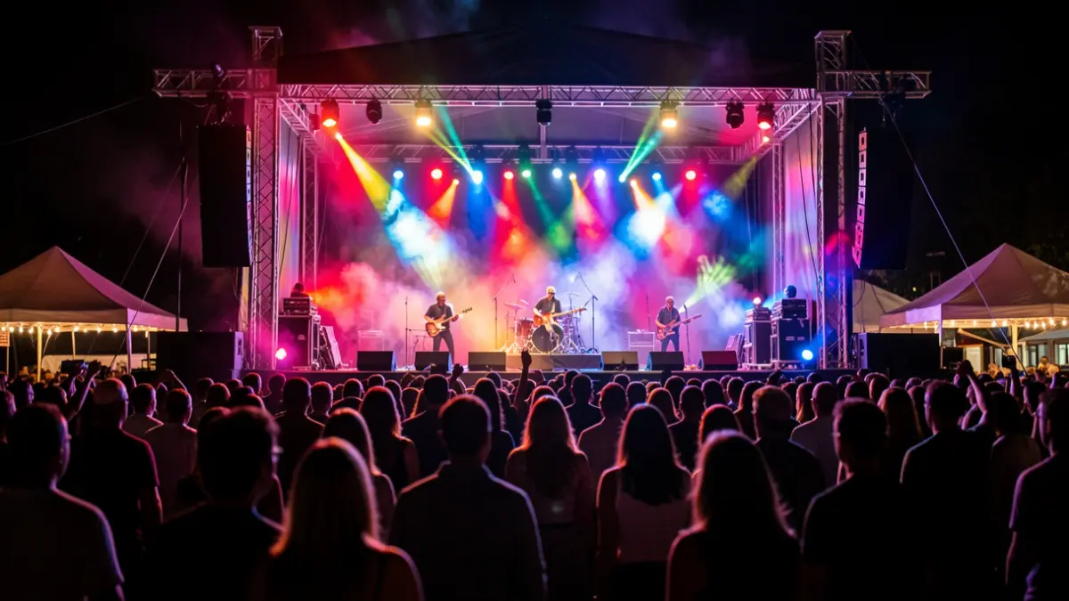 Generic image of a music festival stage at night, with bright lights and an indistinct crowd.