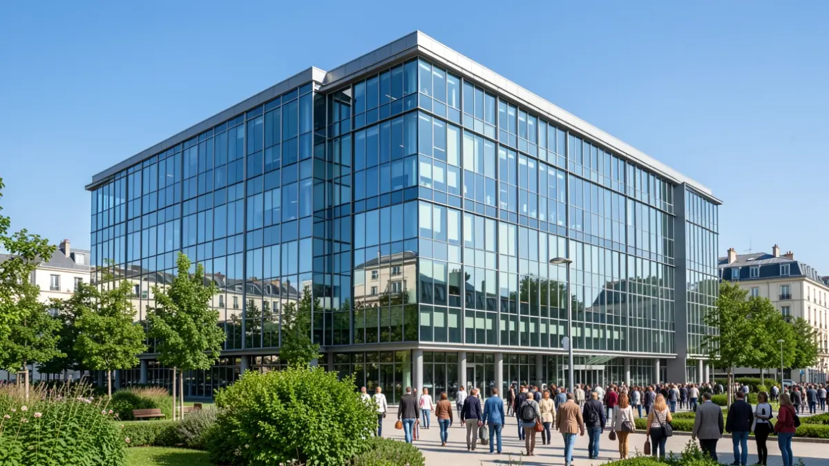 Image générique d'un centre d'affaires moderne dans la région Île-de-France, avec une architecture en verre et acier, reflétant un ciel bleu clair. Le bâtiment est entouré d'espaces verts.