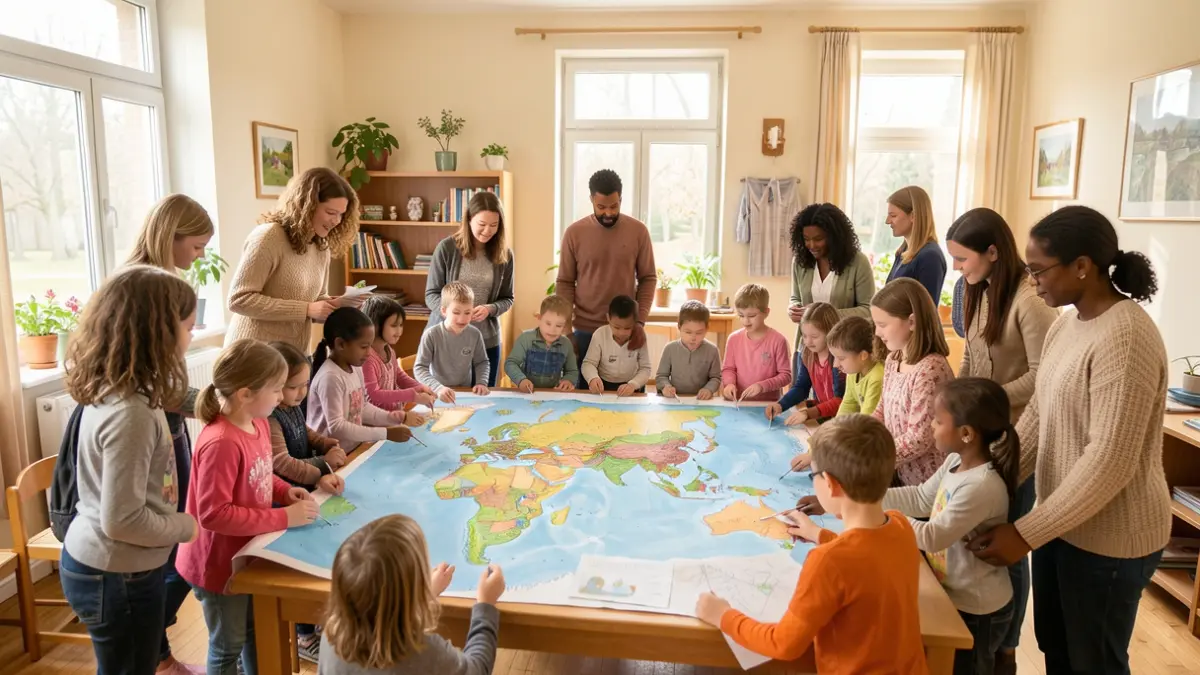 Generic image of diverse families participating in a collaborative world map creation workshop in a community center.