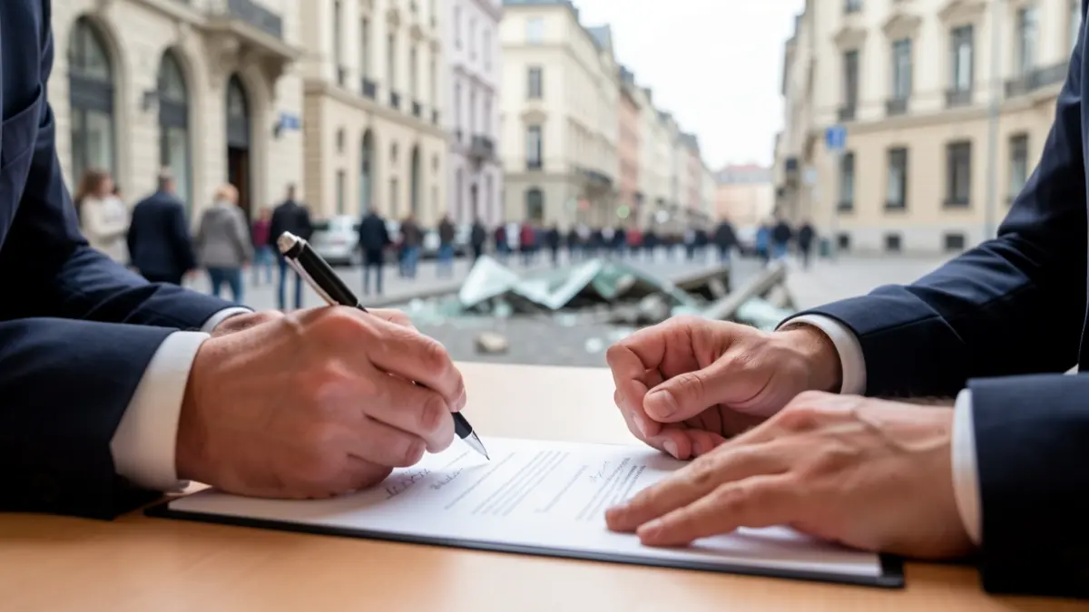 Generic image of hands signing an official document, with a background suggesting institutional buildings and distant traces of urban damage.