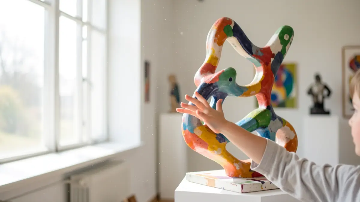 Main d'enfant touchant une sculpture abstraite colorée dans un atelier d'art lumineux.