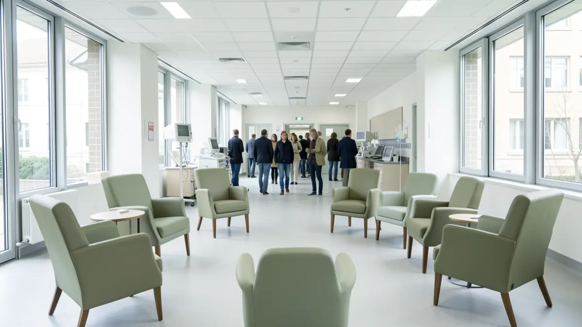 Image générique d'une unité de soins hospitaliers modernes avec des fauteuils pour patients et une lumière naturelle douce.