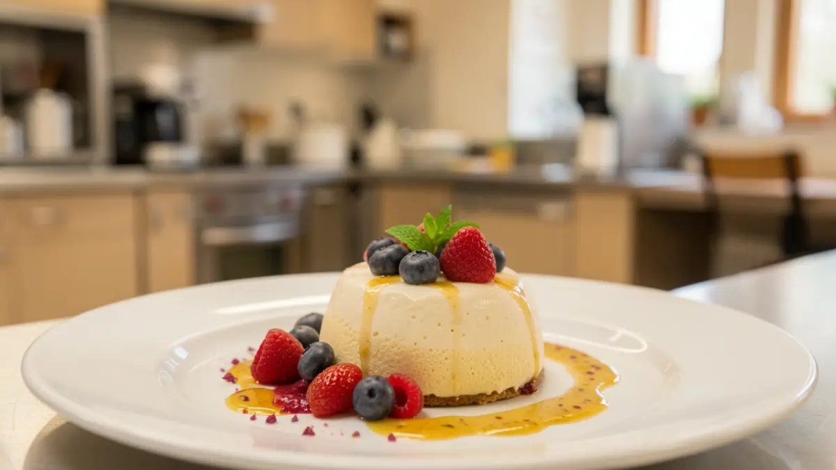 Image générique d'un dessert gastronomique élaboré, avec des fruits frais et une sauce délicate, dans un environnement de cuisine professionnelle.