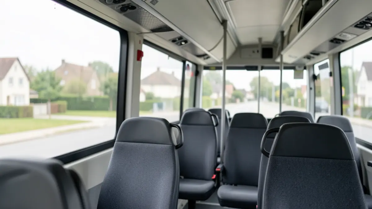 Generic image of a bus interior with empty seats and windows showing a suburban landscape.