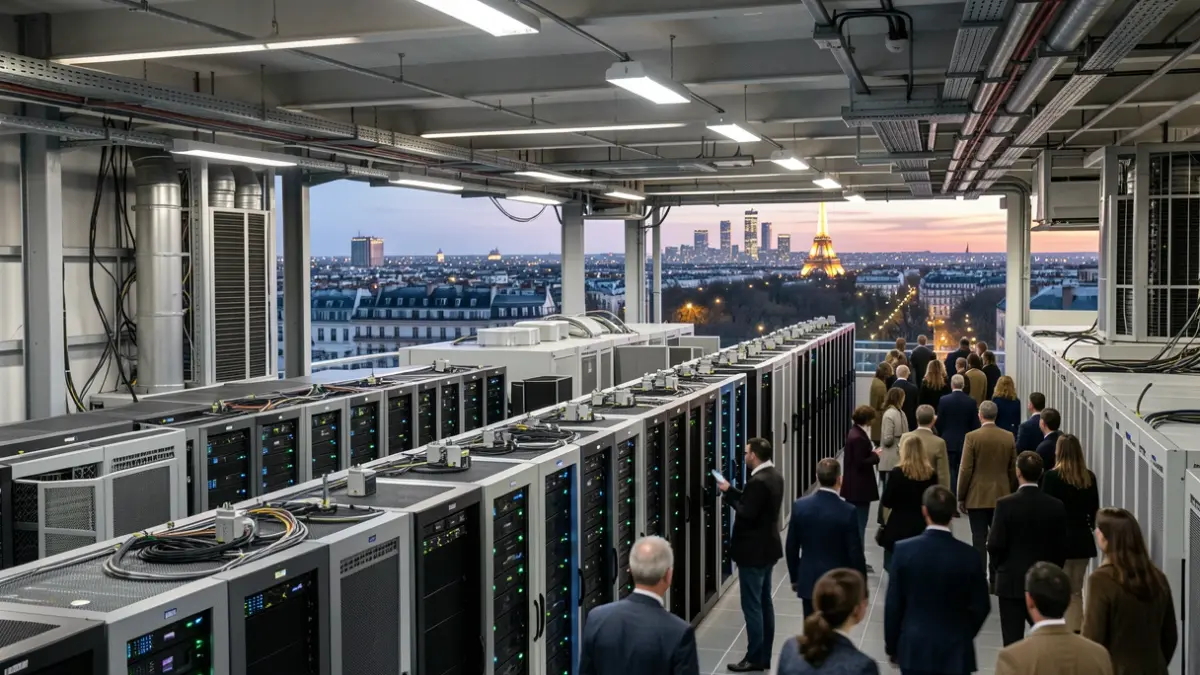 Interior of a modern data center with rows of servers and the Paris skyline at dusk.