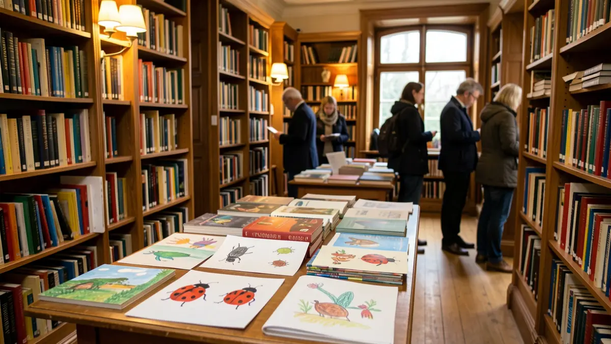 Generic image of a library with books and children's drawings.