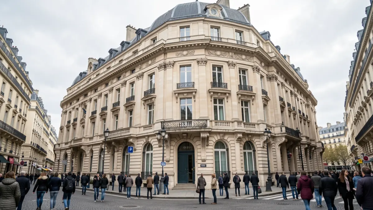 Image générique de la façade de l'Ambassade de Roumanie à Paris, un bâtiment de style haussmannien sous un ciel couvert.