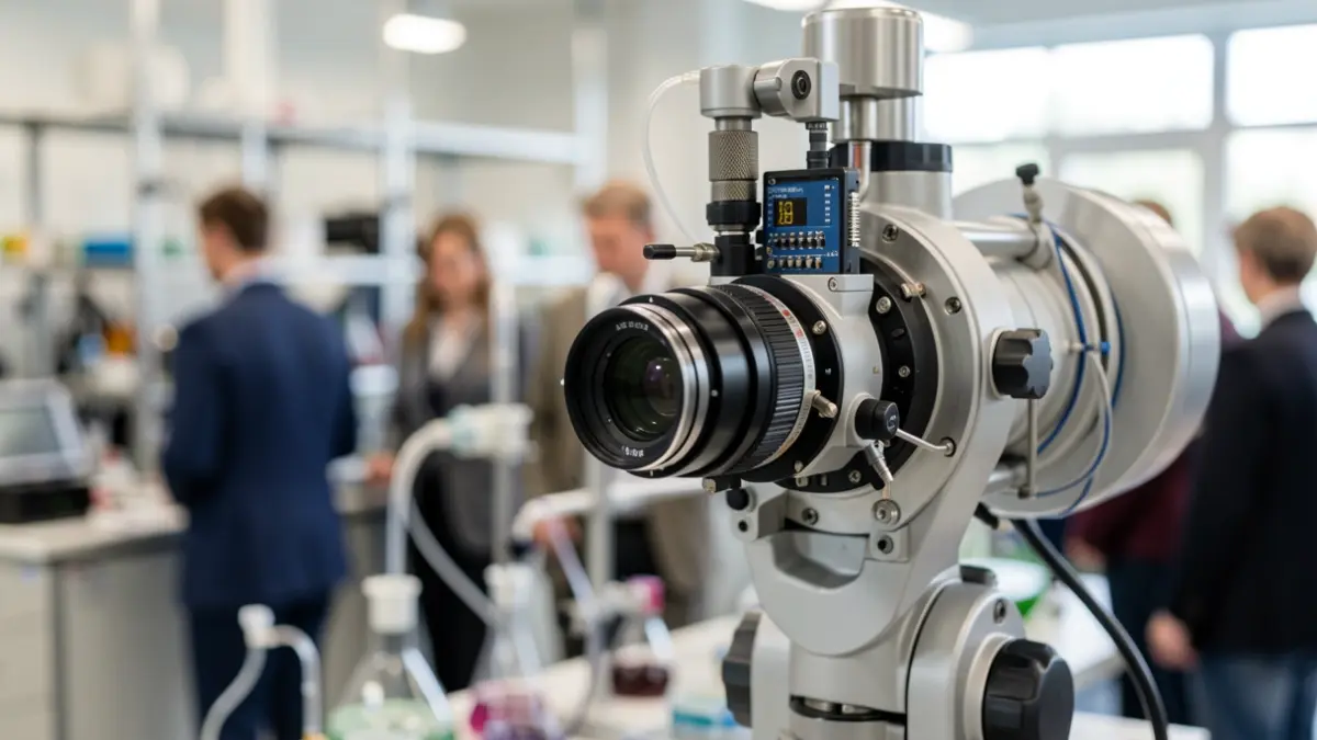 Generic image of a complex optical instrument with mechanical and electronic components, in a scientific laboratory.