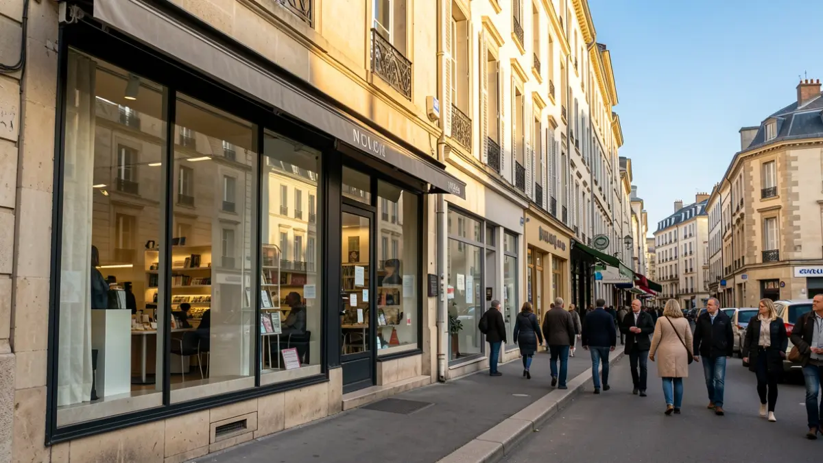 Generic image of a commercial storefront facade on a street in a French town.