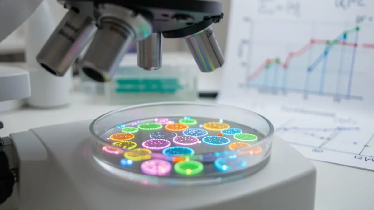Image générique de boîtes de Pétri avec des colonies bactériennes lumineuses sous microscope, équations mathématiques et graphiques statistiques flous en arrière-plan.