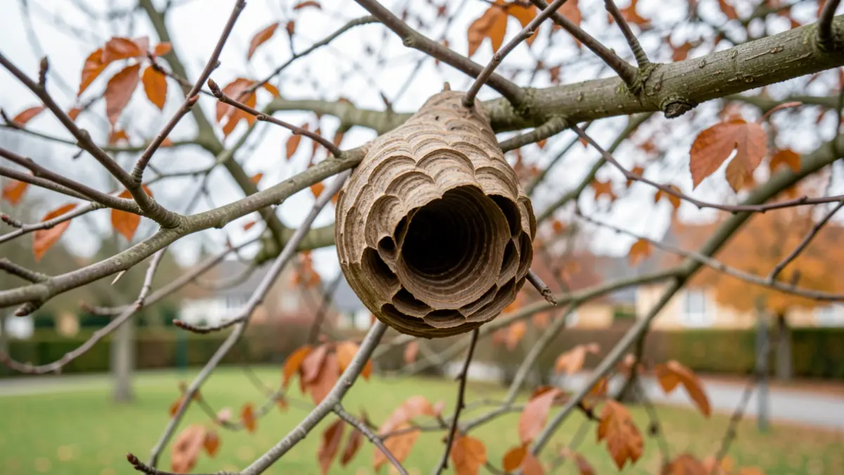Image générique d'un nid de frelons asiatiques visible dans un arbre dénudé en automne, avec un arrière-plan flou de paysage francilien.