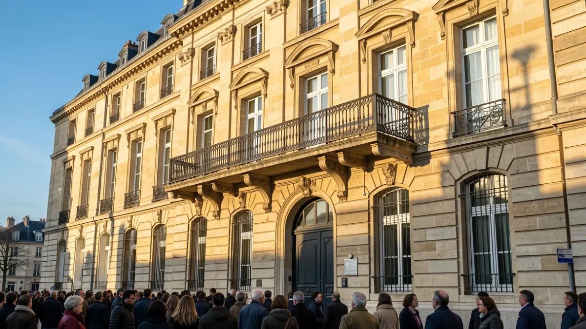 Stone facade of a town hall in Île-de-France with a balcony and wrought iron railings.