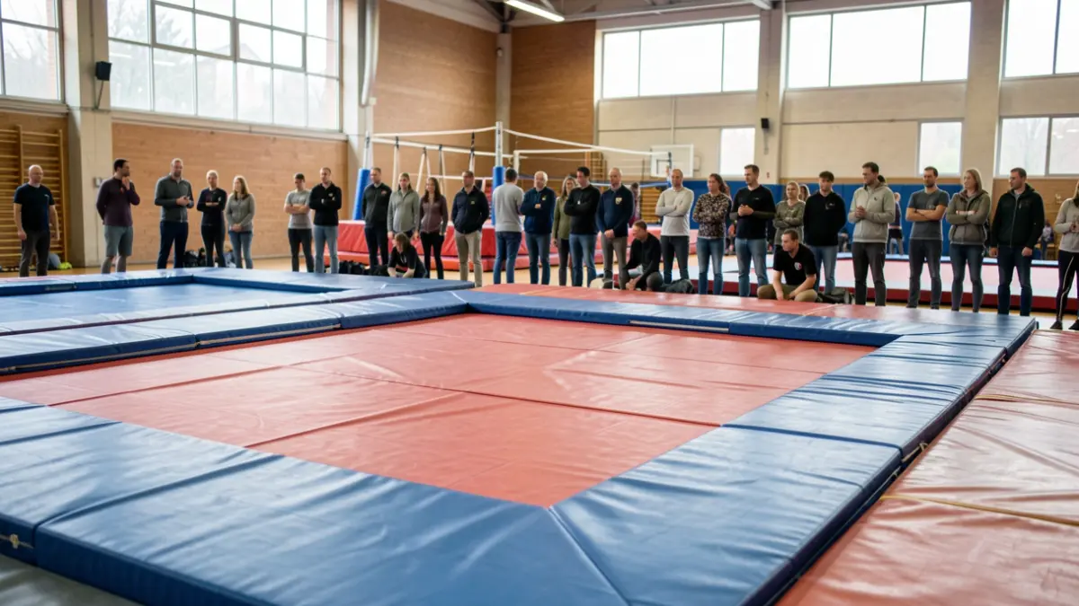 Préparation des tapis de lutte dans un gymnase en Île-de-France.