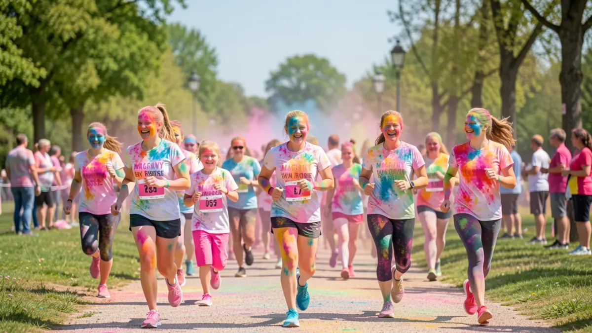 Generic image of participants in a colorful run for cancer awareness.