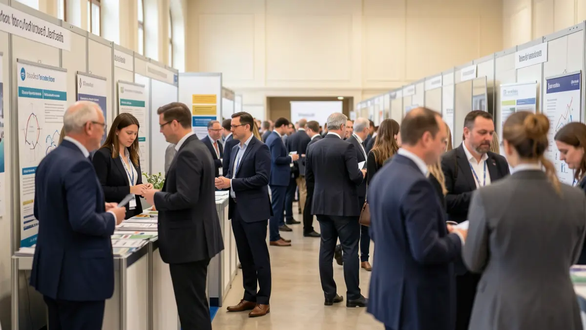 Generic image of a public job fair, with people interacting at booths and informational signage.