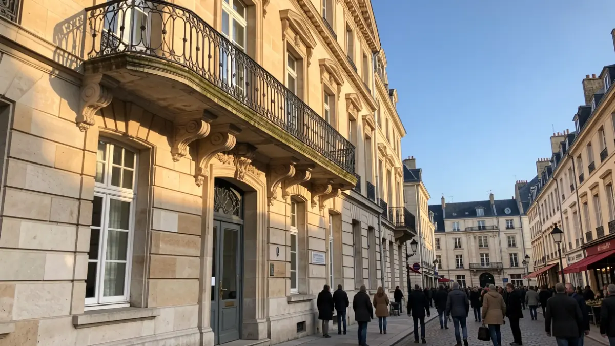 Façade en pierre d'une mairie d'Île-de-France avec balcon orné et ciel bleu.