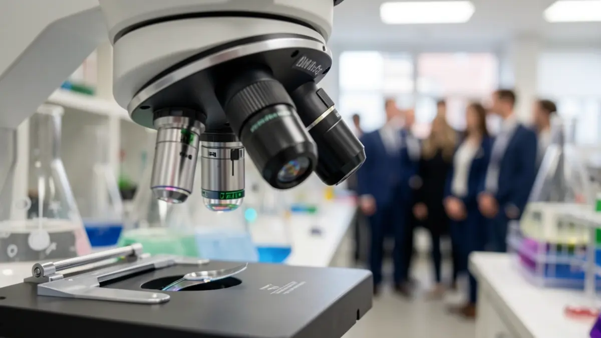 Gros plan d'un microscope et de matériel de laboratoire, symbolisant la recherche médicale.