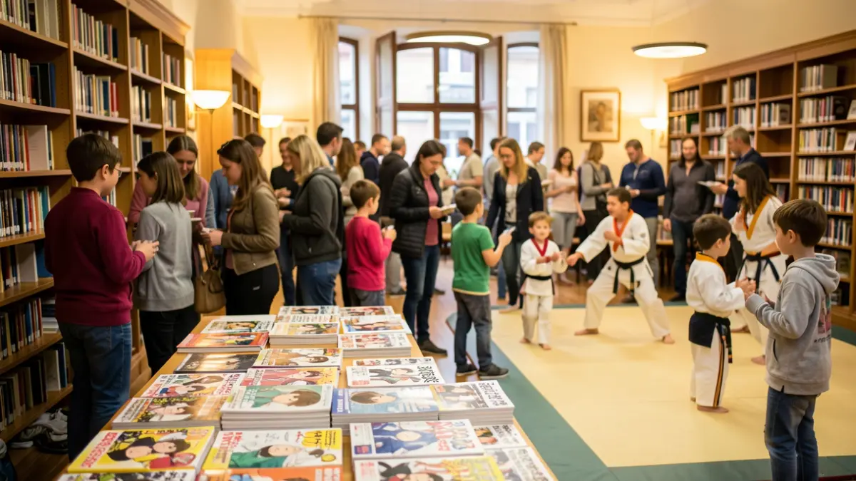 Generic image of a manga convention with judo demonstration and book signings.