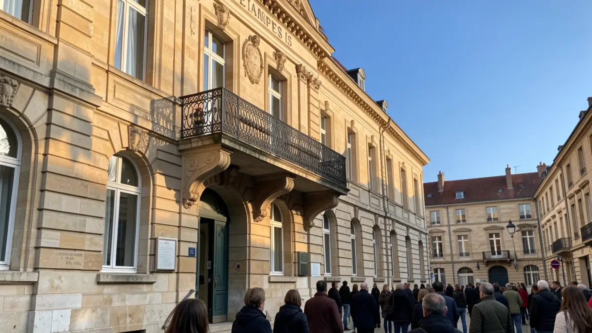 Façade de la mairie d'Étampes avec balcon orné, sous le soleil d'après-midi.