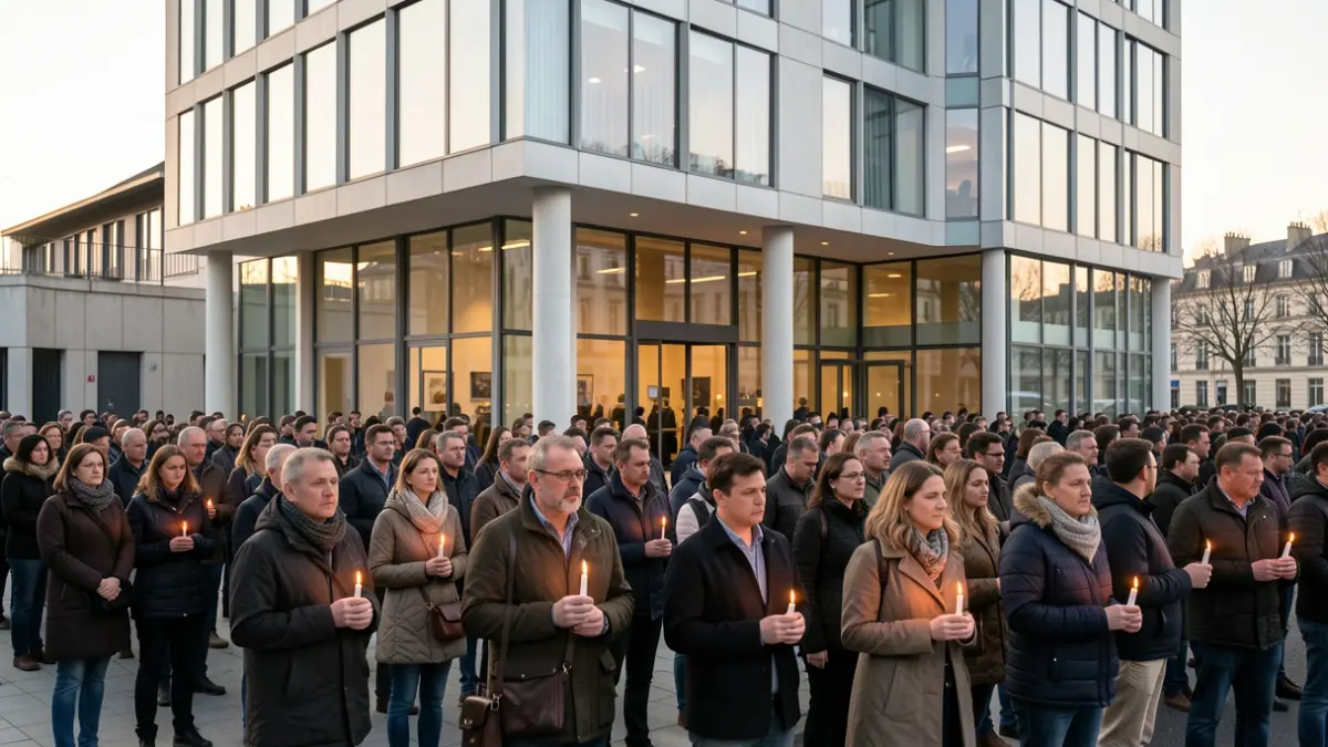 Image générique d'un rassemblement citoyen devant un bâtiment public, avec des personnes tenant des bougies et une atmosphère de recueillement.